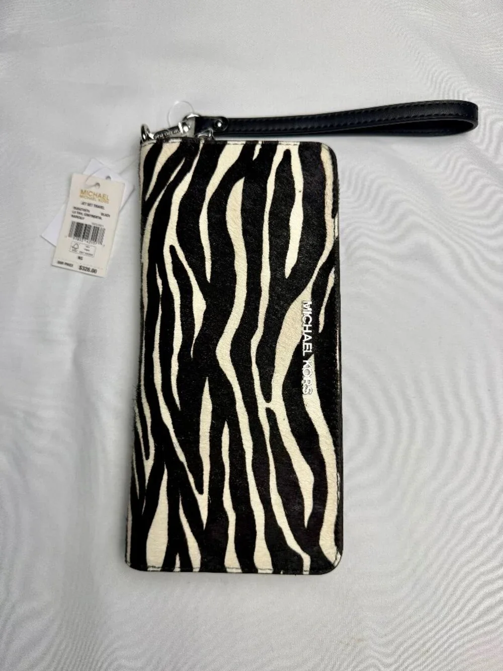 Michael Kors Jet Set Travel Zebra Print Calf Hair Continental Wallet Black White